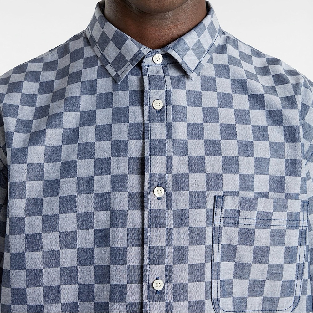 Men’s XL VANS Loose Fit Blue Checkered 100% Cotton Short Sleeve Button Up Shirt - Picture 14 of 15